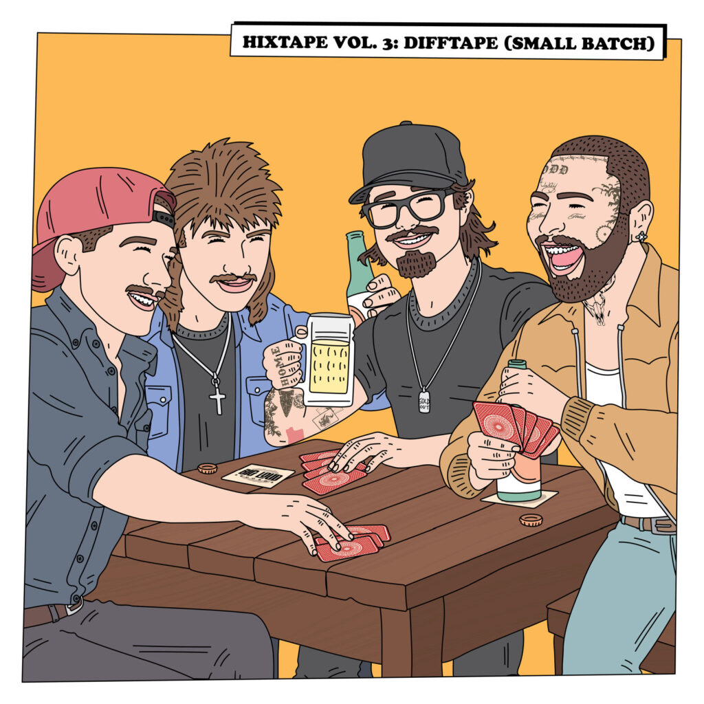 HARDY's Difftape - Cartoons of Morgan Wallen, HARDY, Post Malone, and Joe Diffie sitting around a table. 